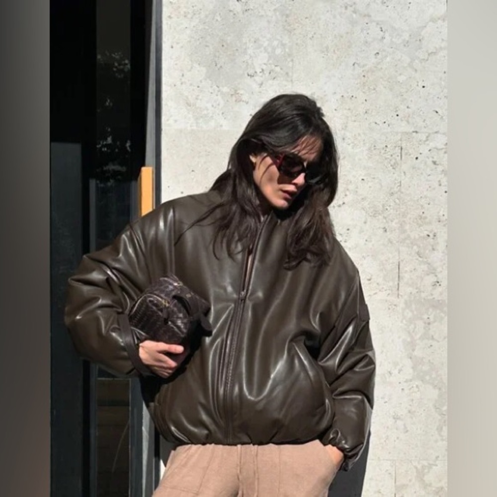 ALO Yoga Faux Leather Premier Bomber brown size large
